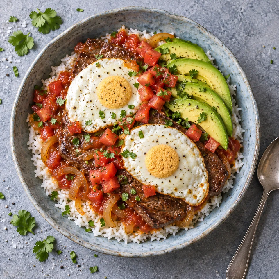 Bol de bistec a caballo avec riz, œufs au plat, avocat et sauce tomate rouge.