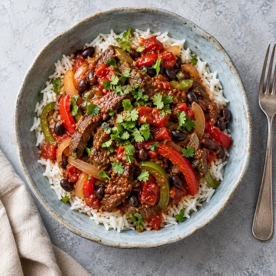 Bol de bistec à la mexicana : riz épicé, bœuf saisi, haricots noirs et tomates, garni de coriandre fraîche.