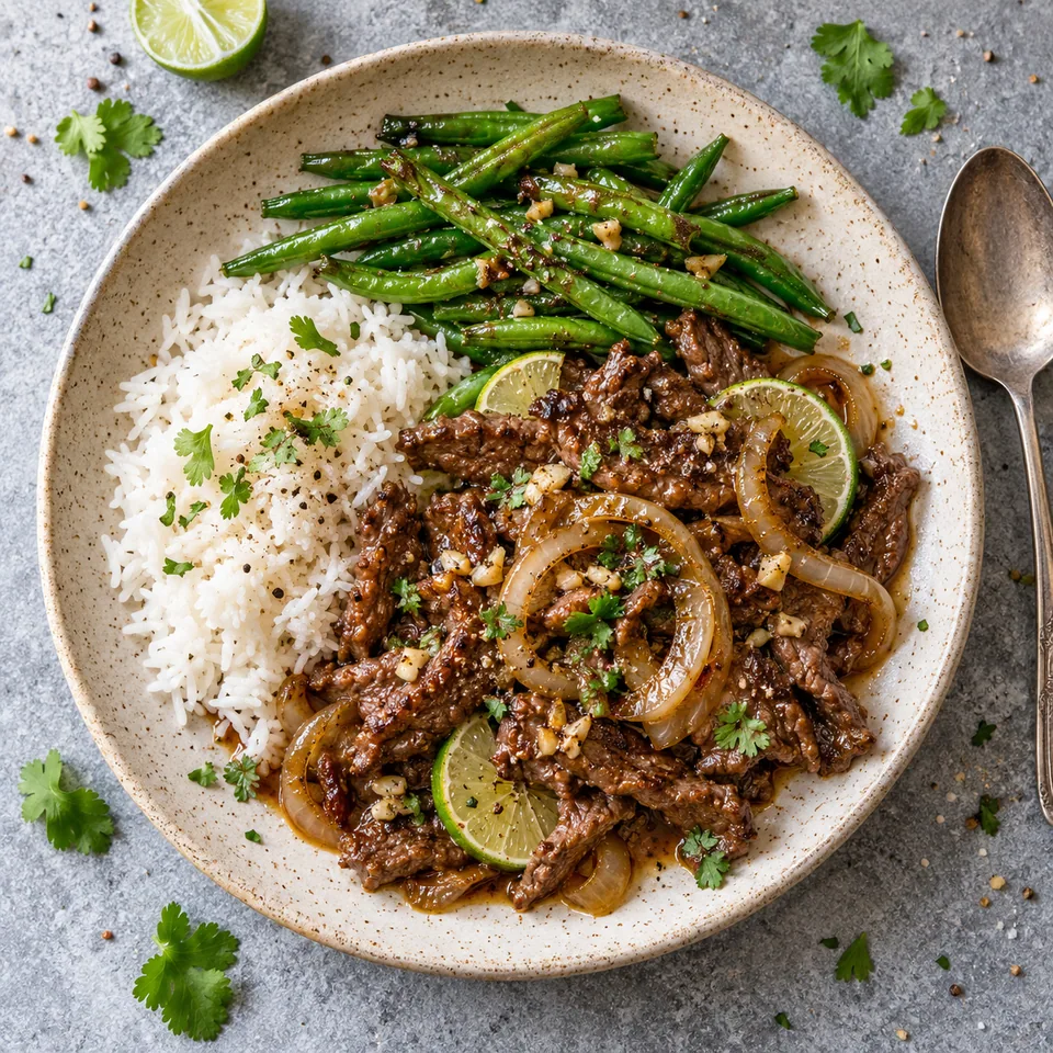 Bistek tagalog : bœuf émincé nappé de sauce citronnée, riz blanc et haricots verts sur assiette beige.