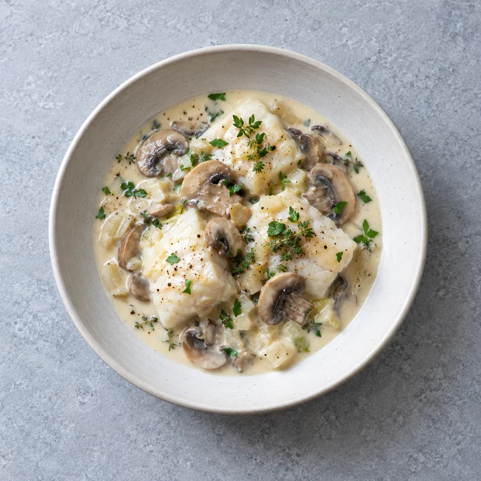 Assiette de blanquette de cabillaud aux champignons : morceaux de poisson blanc et champignons dans une sauce crémeuse blanche.