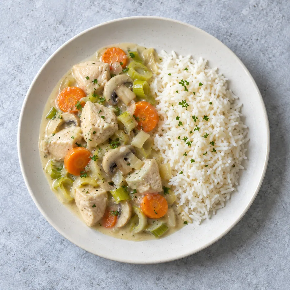 Blanquette de dinde aux légumes, sauce ivoire, carottes en rondelles, poireaux et champignons, accompagnée de riz blanc.