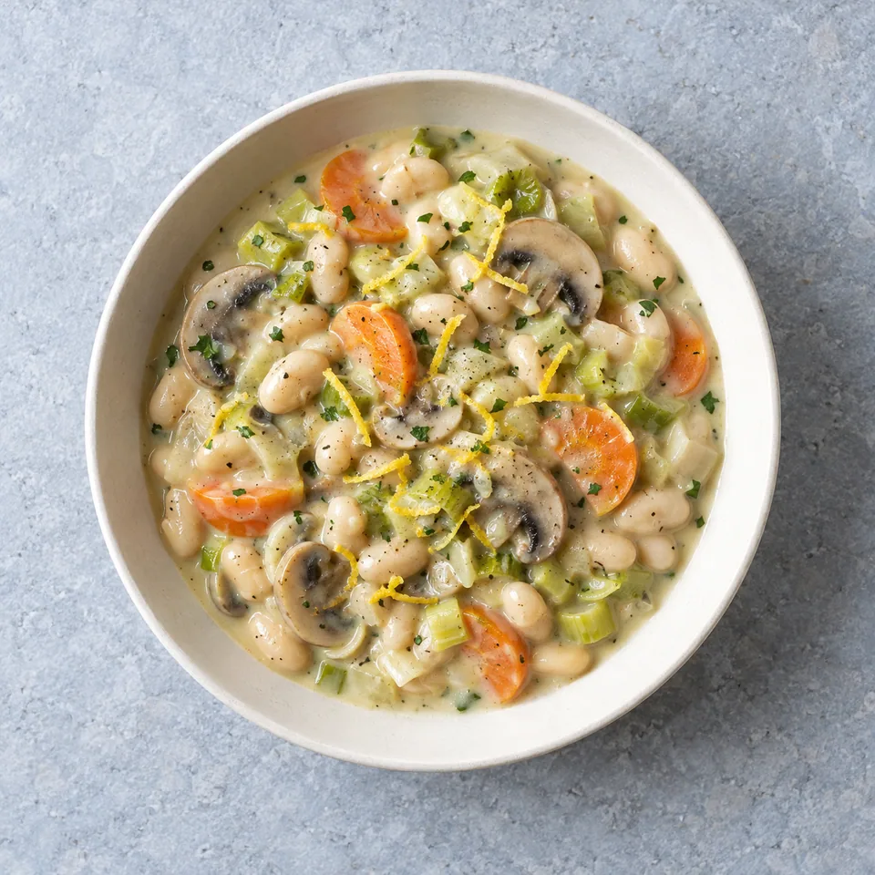 Blanquette de légumes aux haricots blancs, servie en bol : haricots en sauce claire, carottes, poireau, champignons et zestes de citron.