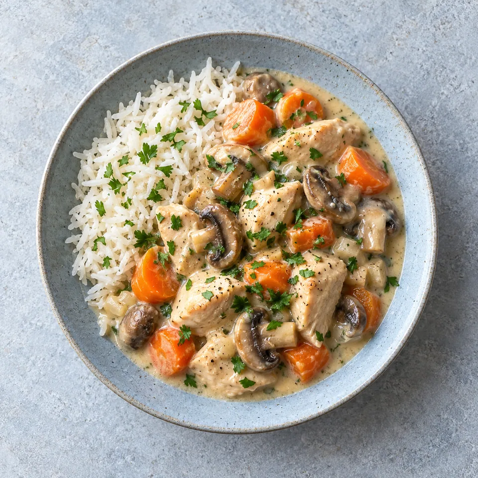 Blanquette de poulet aux champignons et carottes servie sur une assiette en grès bleu-gris, avec sauce crémeuse et riz.