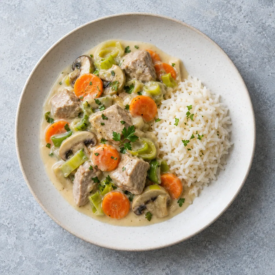 Blanquette de veau aux légumes : morceaux en sauce ivoire, carottes orange, poireaux et champignons, avec un petit tas de riz blanc.