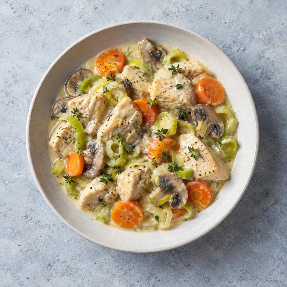 Blanquette express de poulet : morceaux de poulet en sauce crémeuse avec carottes, poireaux et champignons.
