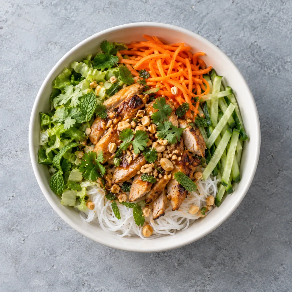 Bo bun au poulet : vermicelles, poulet cuit, crudités, herbes fraîches et cacahuètes dans un bol.