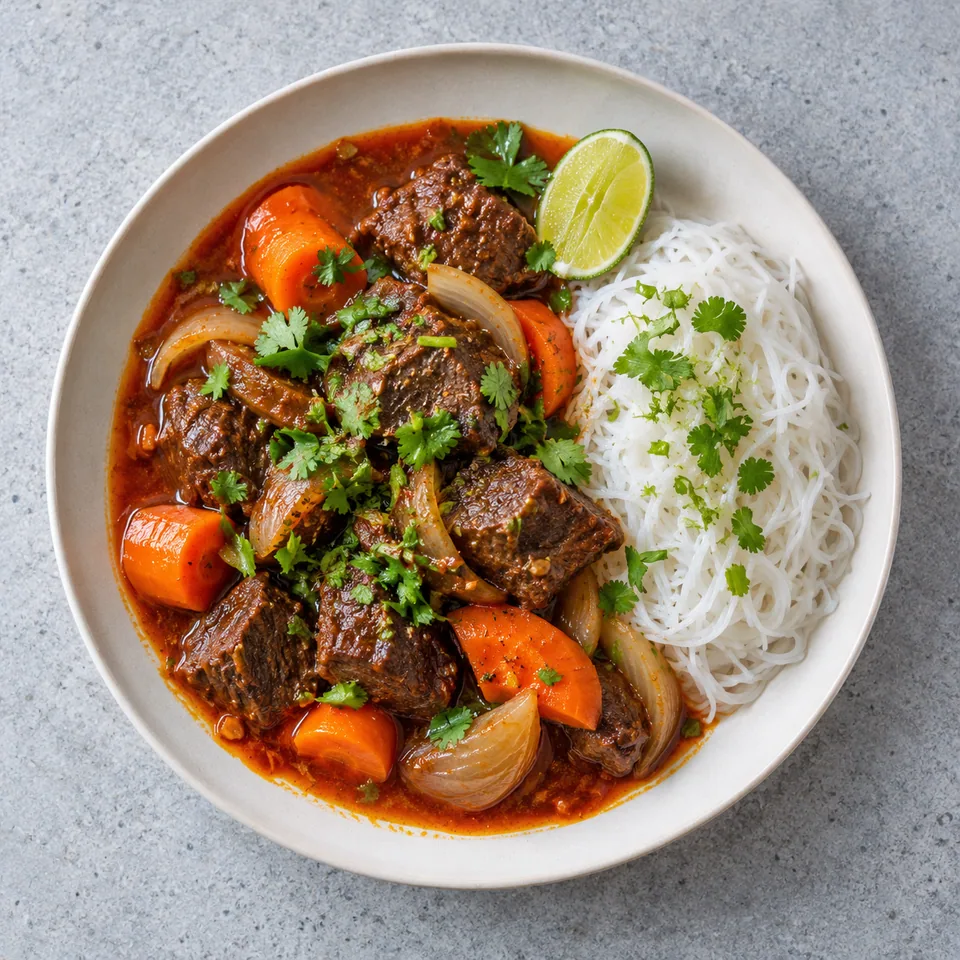Bò kho : ragoût de bœuf fondant aux carottes et vermicelles de riz, garni de coriandre fraîche et citron vert.