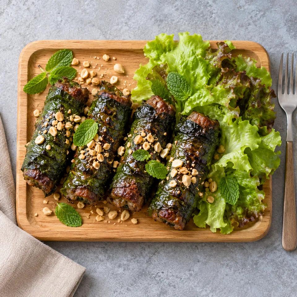 Bò lá lốt : rouleaux de bœuf grillé aux feuilles de vigne croustillantes, garnis de cacahuètes et menthe, servis sur planche avec laitue.