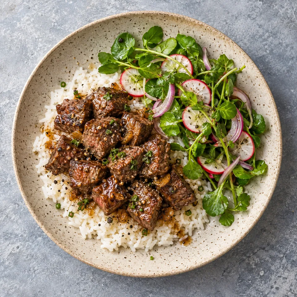 Assiette de Bò lúc lắc : riz, bœuf saisi doré et salade de cresson, radis et oignon rouge sur une assiette en grès beige.
