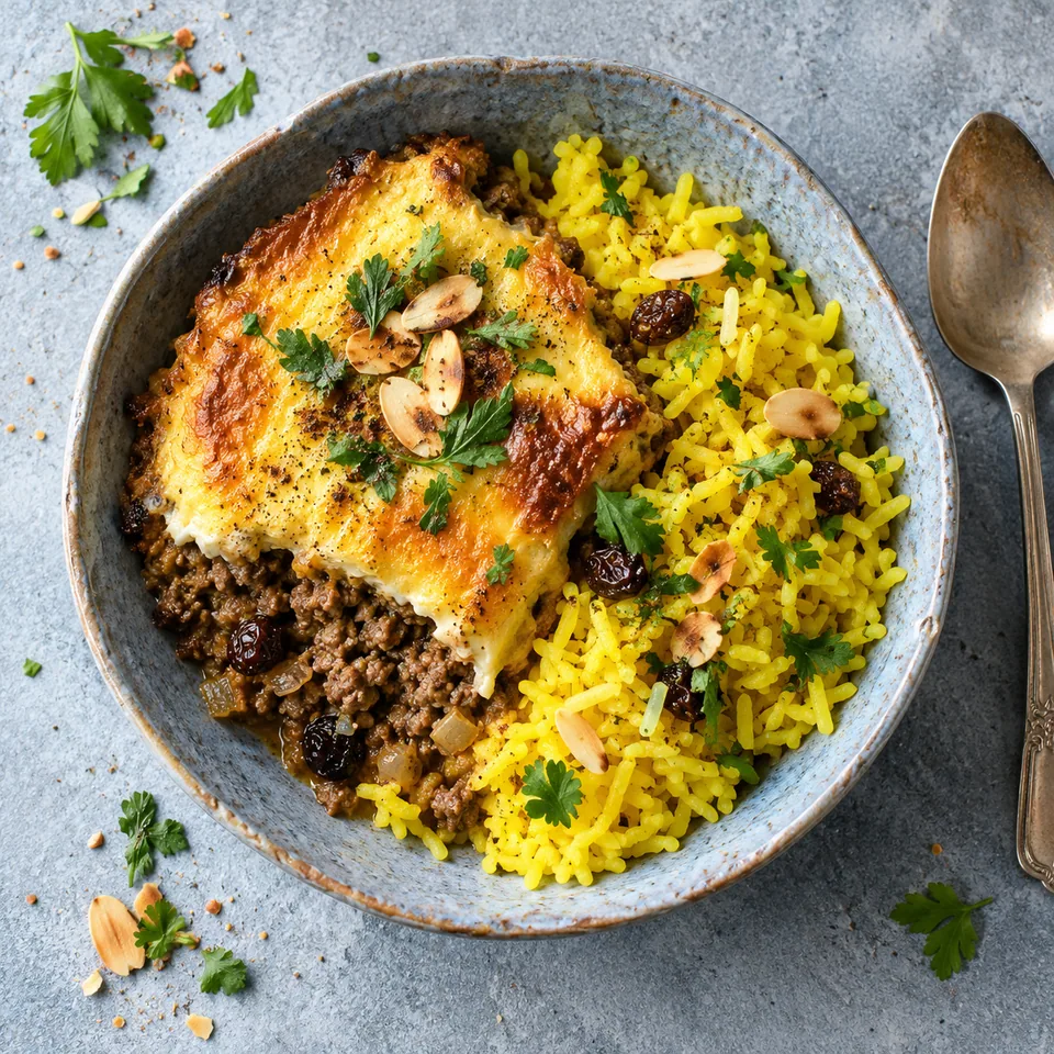 Bobotie familial au bœuf et riz jaune : viande hachée nappée d'œuf doré et riz jaune dans un bol bleu-gris.