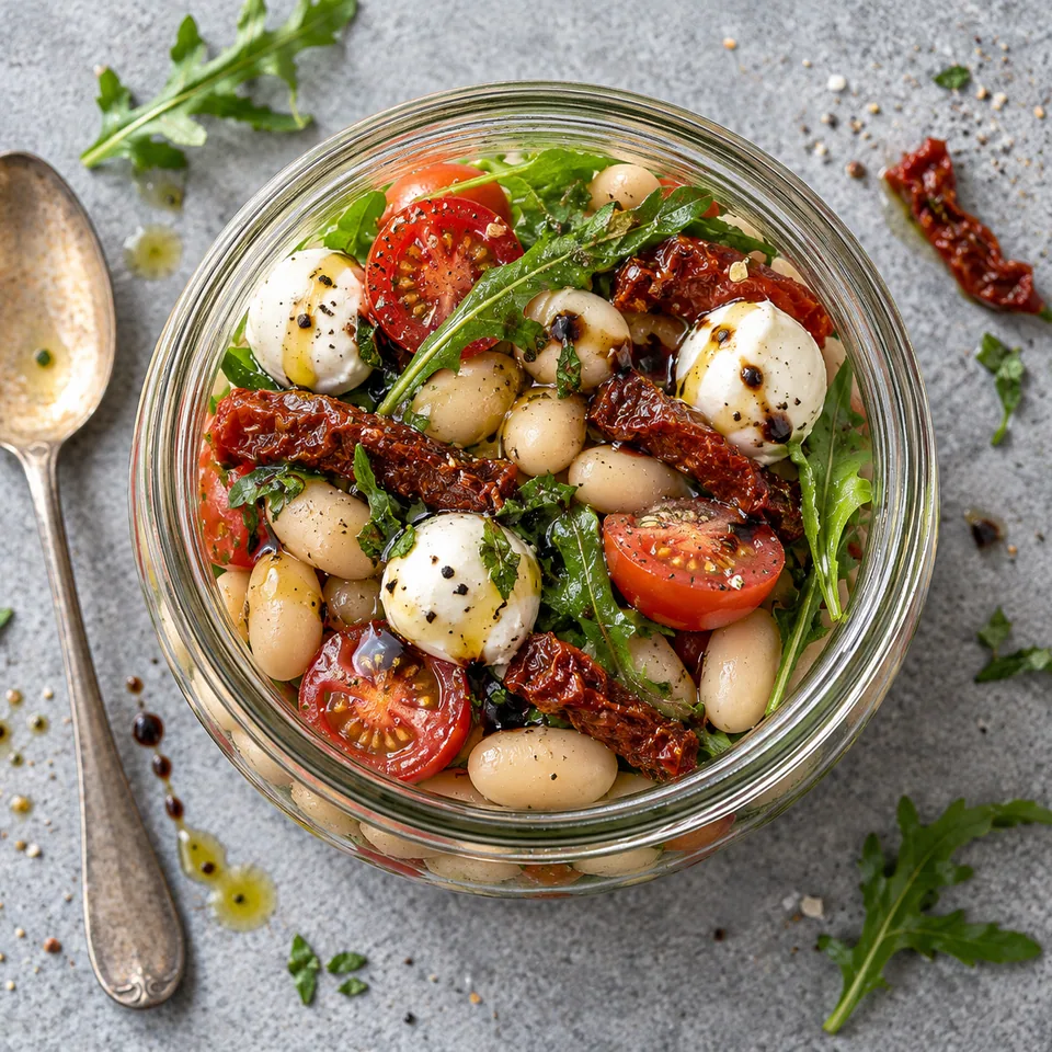 Bocal de haricots blancs, mozzarella et tomates séchées : couches de haricots, tomates séchées, cerises, mozzarella et roquette dans un bocal en verre.