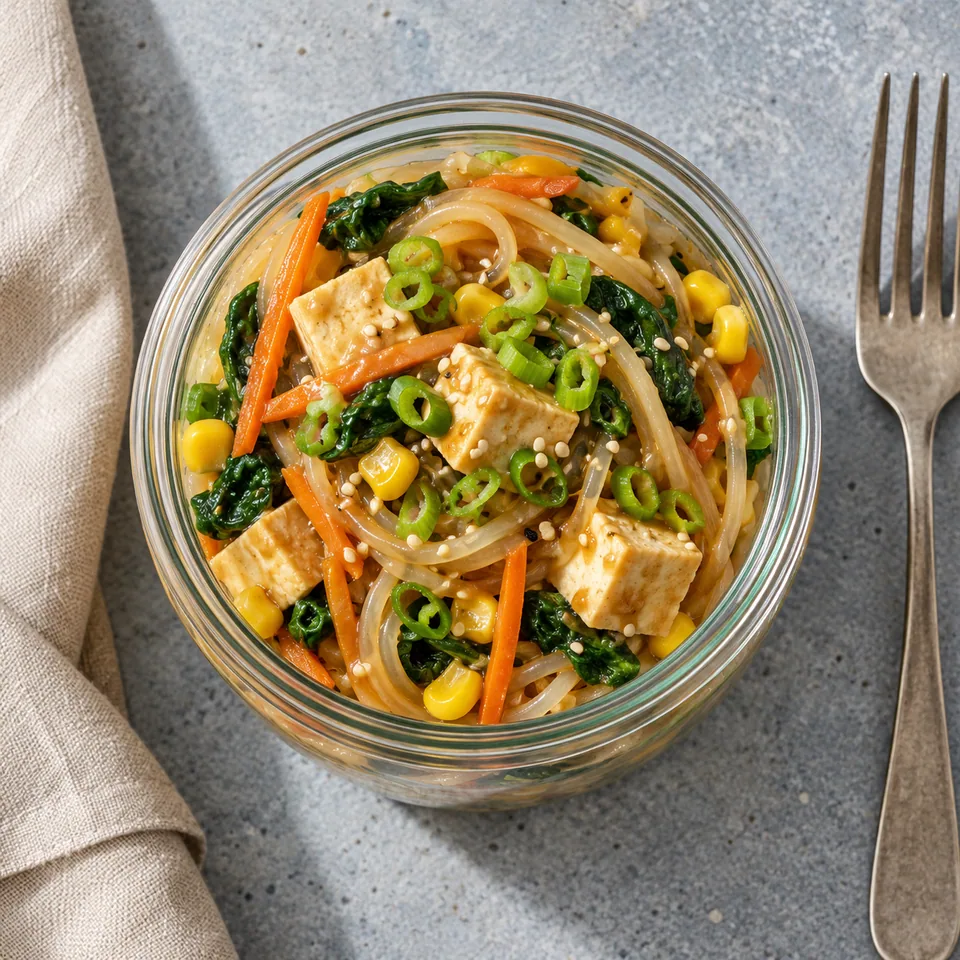 Bocal de nouilles de riz au miso dans une verrine en verre, avec tofu, carottes, maïs et épinards.