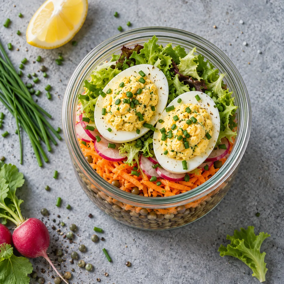 Bocal du midi aux œufs mimosa et lentilles : couches de légumes et œufs mimosa dans un bocal en verre.