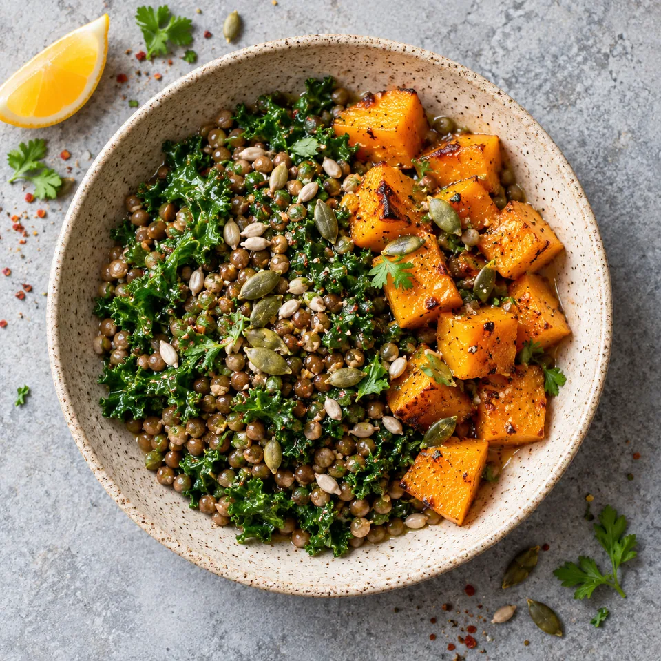 Assiette de lentilles, kale et courge rôtie : lentilles vertes, kale foncé, dés de courge dorée et graines croustillantes sur fond beige moucheté.