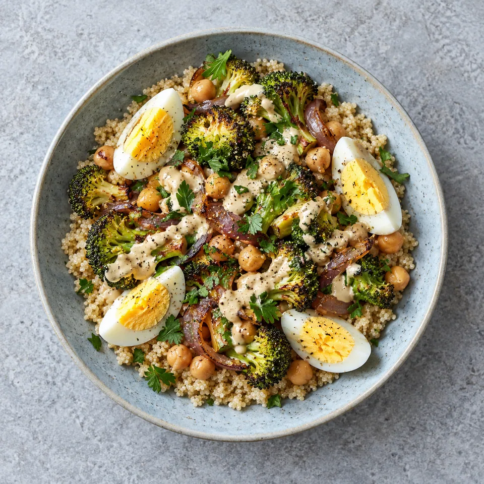 Bocaux de quinoa, brocoli rôti, œufs durs et tahini : quinoa, brocoli doré, œufs et pois chiches nappés de sauce tahini sur assiette bleue.