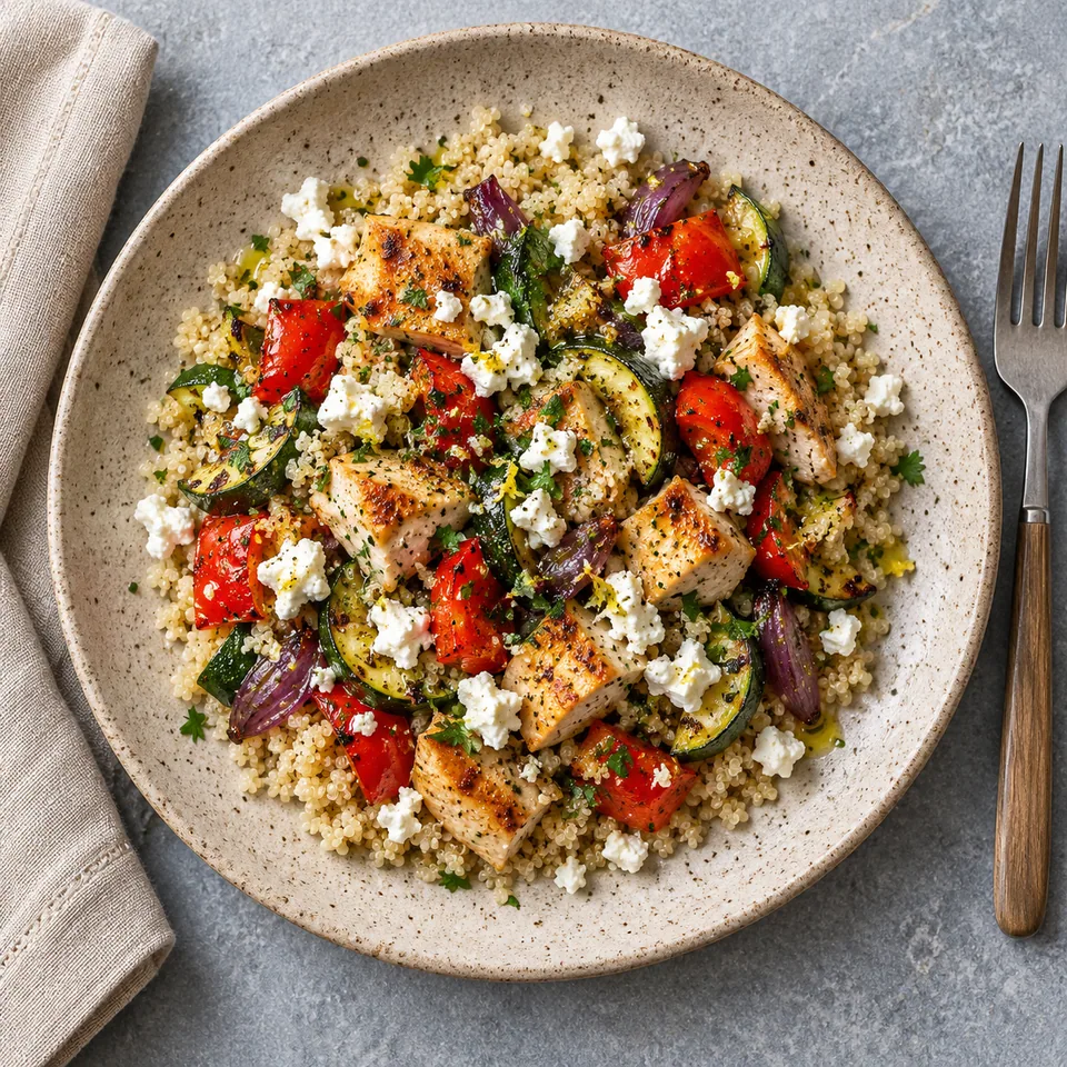 Bocaux de quinoa, poulet rôti, légumes et feta : portion de quinoa, poulet doré et légumes grillés sur assiette beige.