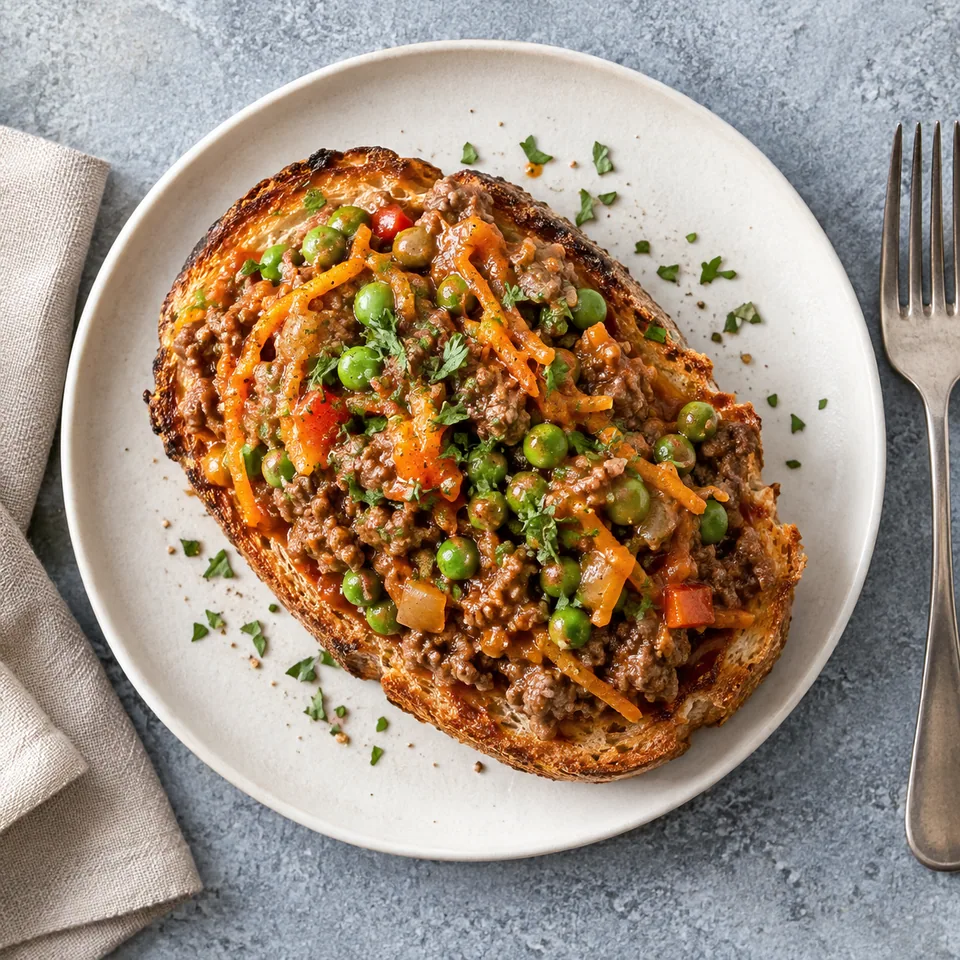 Bœuf aux légumes sur tartine grillée : hachis de bœuf et légumes mijotés sur pain grillé doré, parsemé de persil frais, sur assiette blanche.
