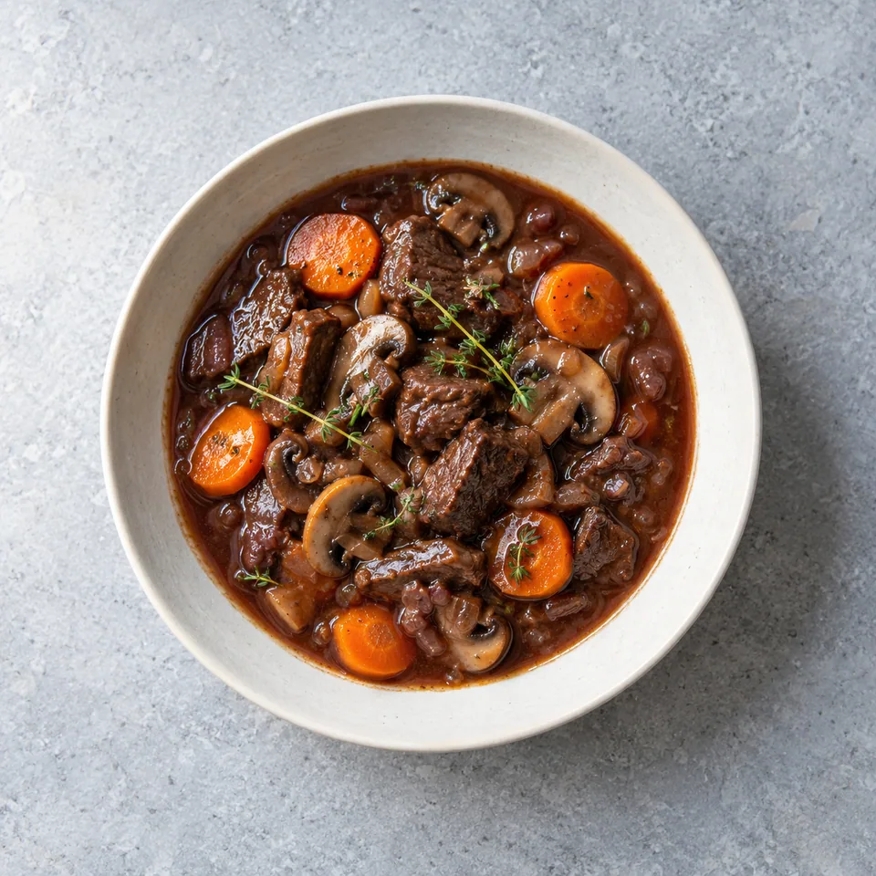 Bœuf bourguignon express : émincé de bœuf, carottes en rondelles et champignons nappés d’une sauce brun-rouge au thym.