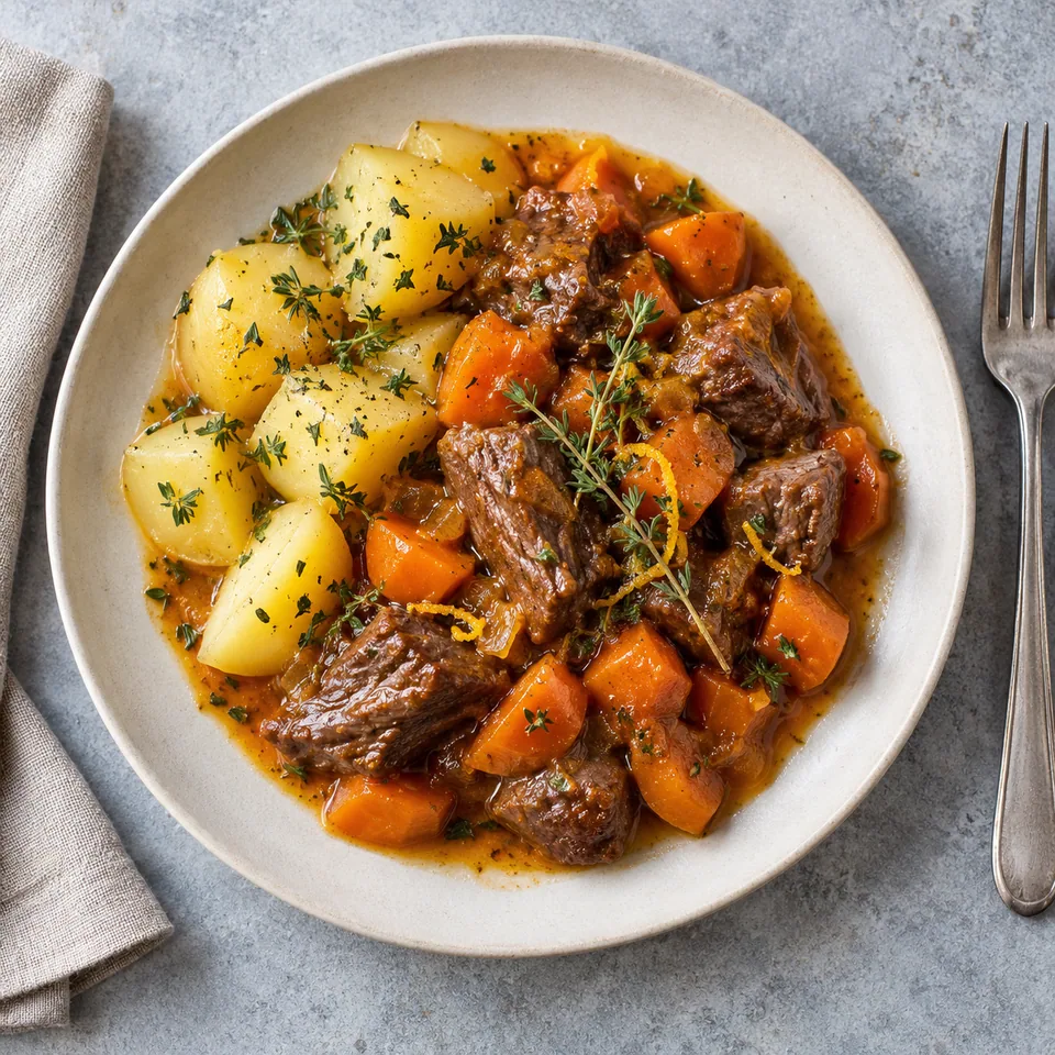 Bœuf carottes mijoté à l’orange et au thym : portion de viande fondante et légumes nappés de sauce orange sur assiette blanche.
