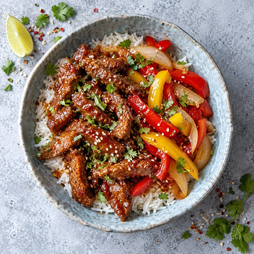 Bœuf croustillant aigre-doux, riz et poivrons : bol avec riz, bœuf nappé et légumes colorés.