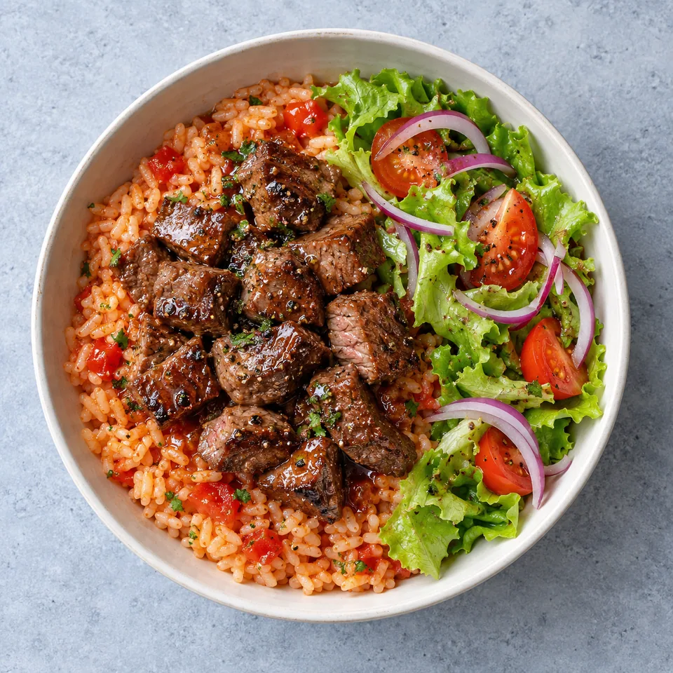 Bol de bœuf lok lak au riz à la tomate, garni de salade fraîche et de sauce soja brillante.