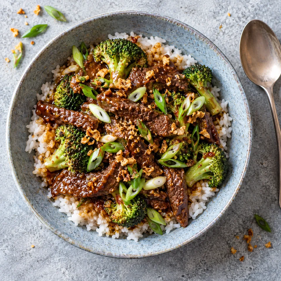 Bœuf mongol, riz et brocoli : riz, bœuf sauté en sauce, brocoli et oignons dans une assiette creuse bleu-gris.