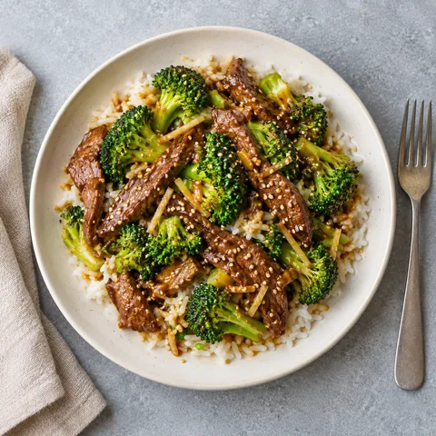 Bœuf sauté au brocoli, gingembre et sésame
