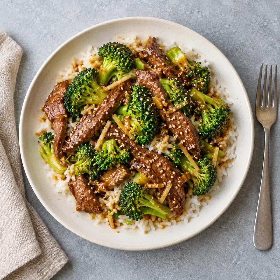 Bœuf sauté au brocoli, gingembre et sésame : lamelles de bœuf et brocoli vert sur riz, sauce brillante et sésame.
