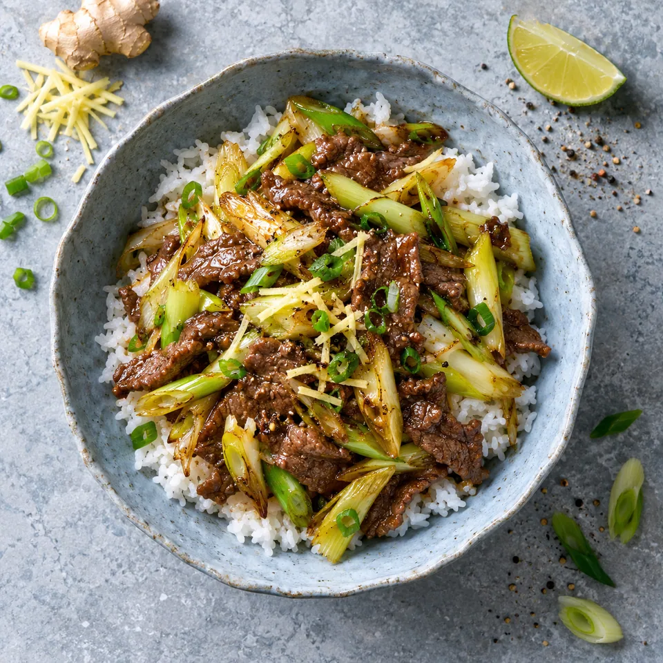Bœuf sauté aux poireaux, gingembre et riz : portion dans un bol en grès bleu-gris, bœuf doré, poireaux fondants et riz blanc.
