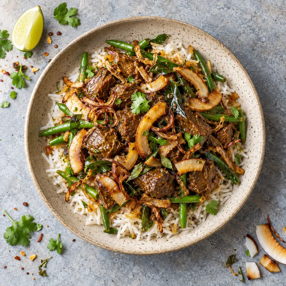 Bœuf sauté du Kerala aux lamelles de coco : riz, haricots verts, bœuf doré et coco croustillante sur assiette grès beige.