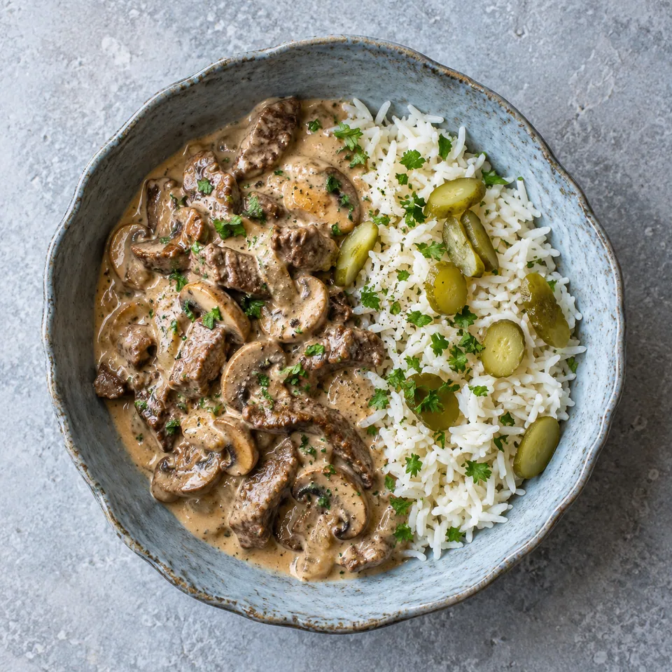 Portion de bœuf stroganoff crémeux avec riz et cornichons dans un bol en grès bleu-gris.