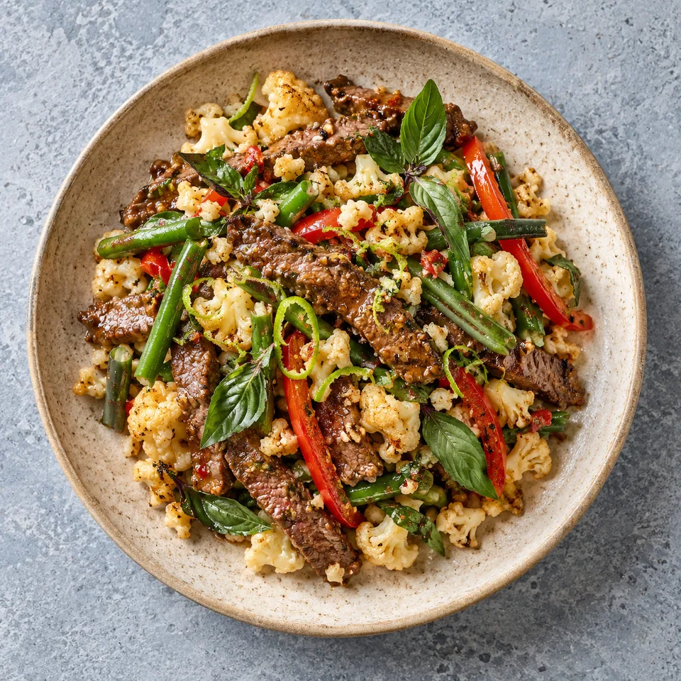 Portion de bœuf thaï au basilic et chou-fleur sur assiette beige moucheté, avec émincé de bœuf, haricots verts, poivron rouge et basilic frais.