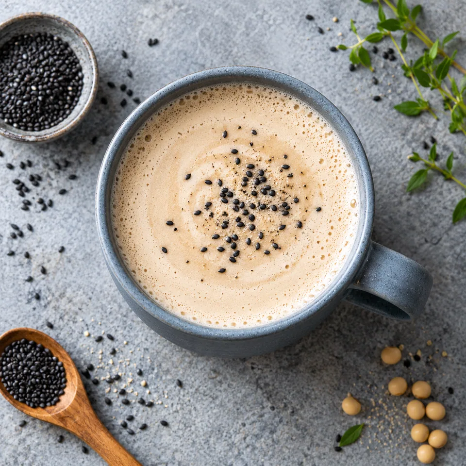 Mug bleu-gris de boisson chaude au soja et sésame noir, mousseuse et beige clair avec quelques graines noires.