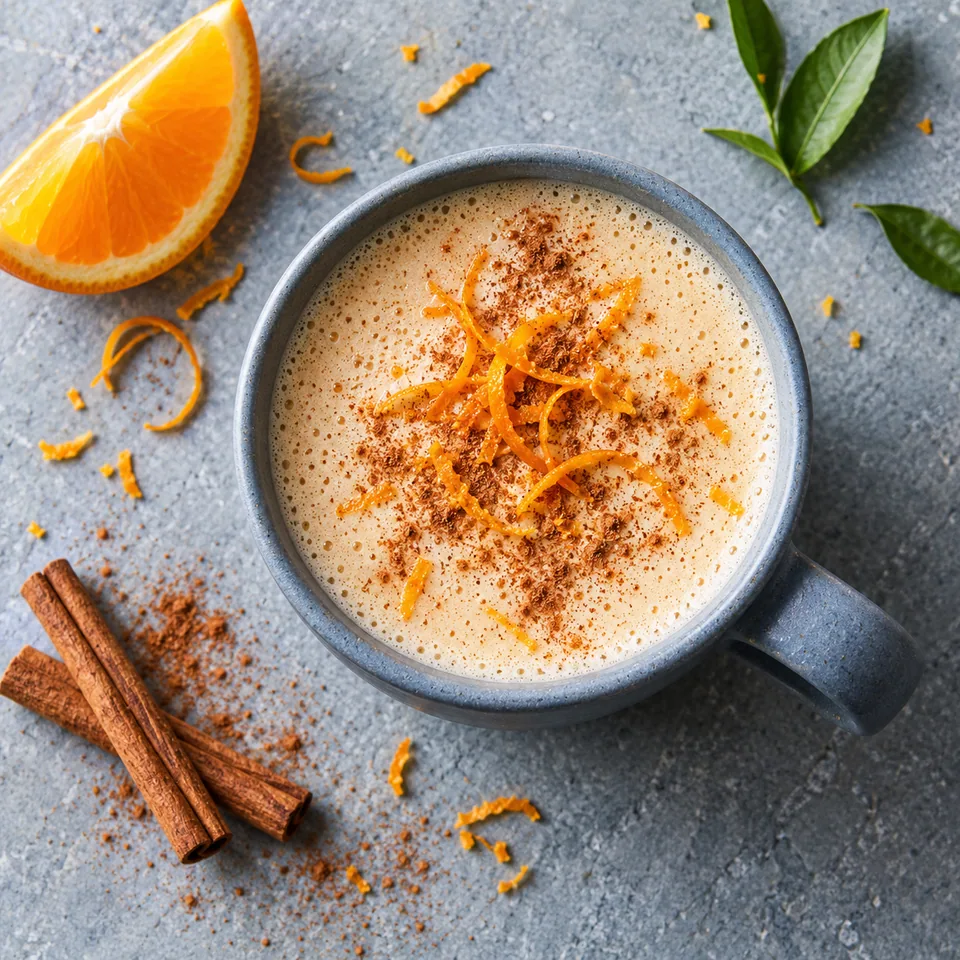 Mug bleu-gris rempli d'une boisson chaude au soja et banane, garnie de zeste d'orange et cannelle.