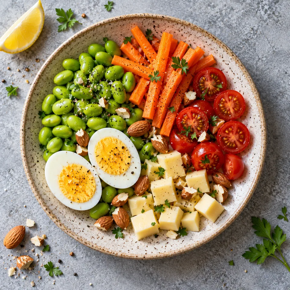 Assiette de snack : œuf dur coupé, edamame, carotte en bâtonnets, tomates cerises, emmental et amandes.