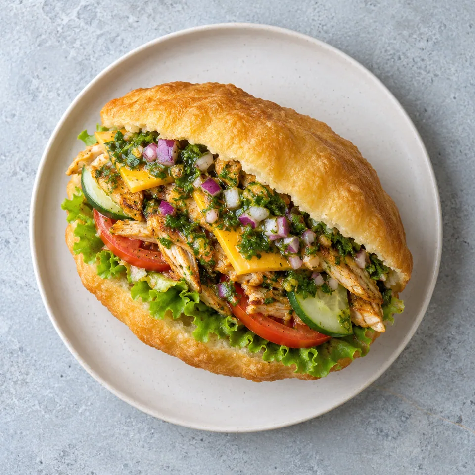 Bokit guadeloupéen au poulet sur assiette blanche : pain doré garni de poulet, légumes frais et sauce verte.