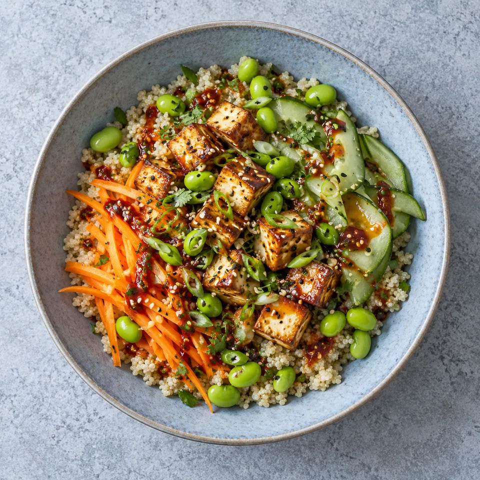 Bol coréen de quinoa, tofu fumé et edamame : quinoa, tofu doré, edamame verts et légumes croquants nappés d'une sauce rouge brillante.