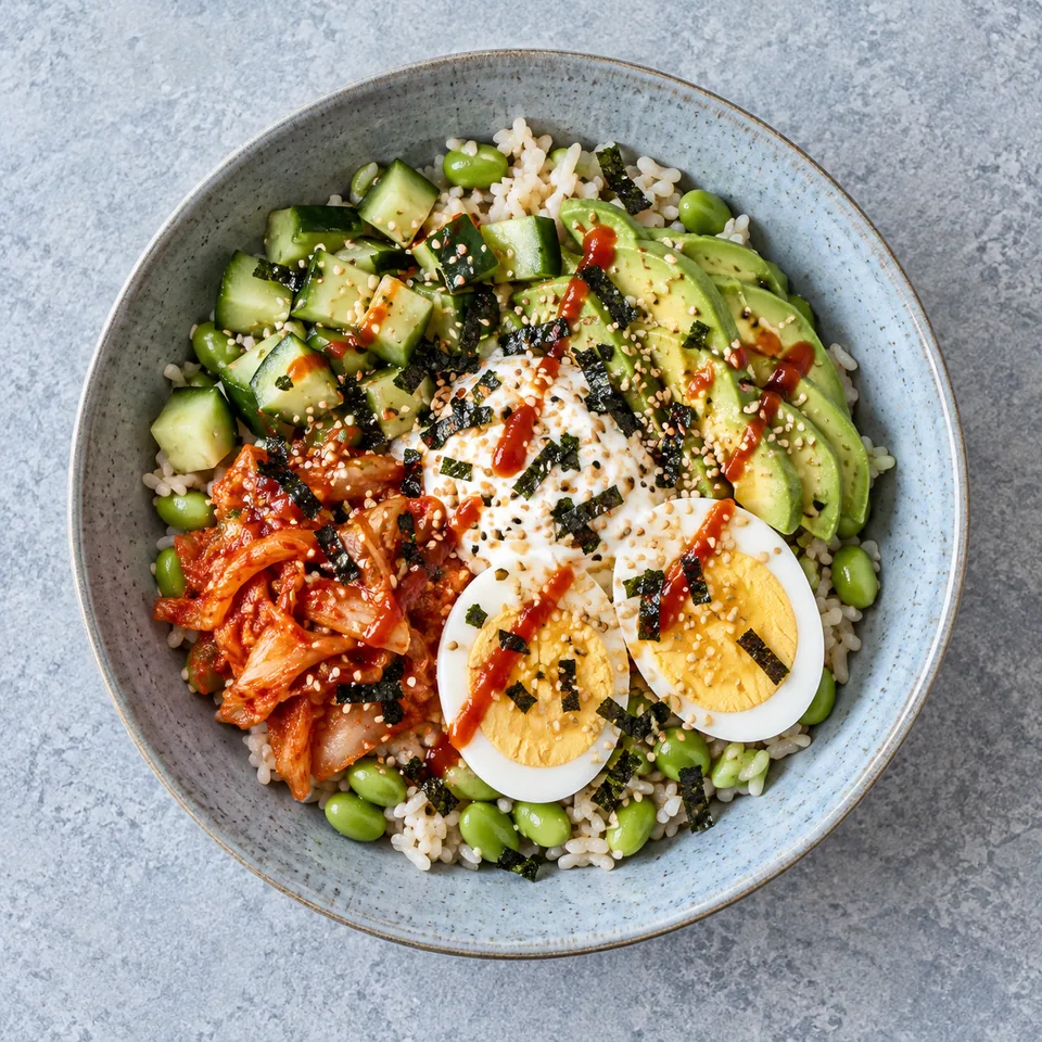 Bol coréen de riz, fromage blanc et œuf dur : riz, edamame, dés de concombre, avocat, kimchi, œuf dur coupé en deux, nori et graines de sésame dans une assiette creuse en grès bleu-gris pâle.