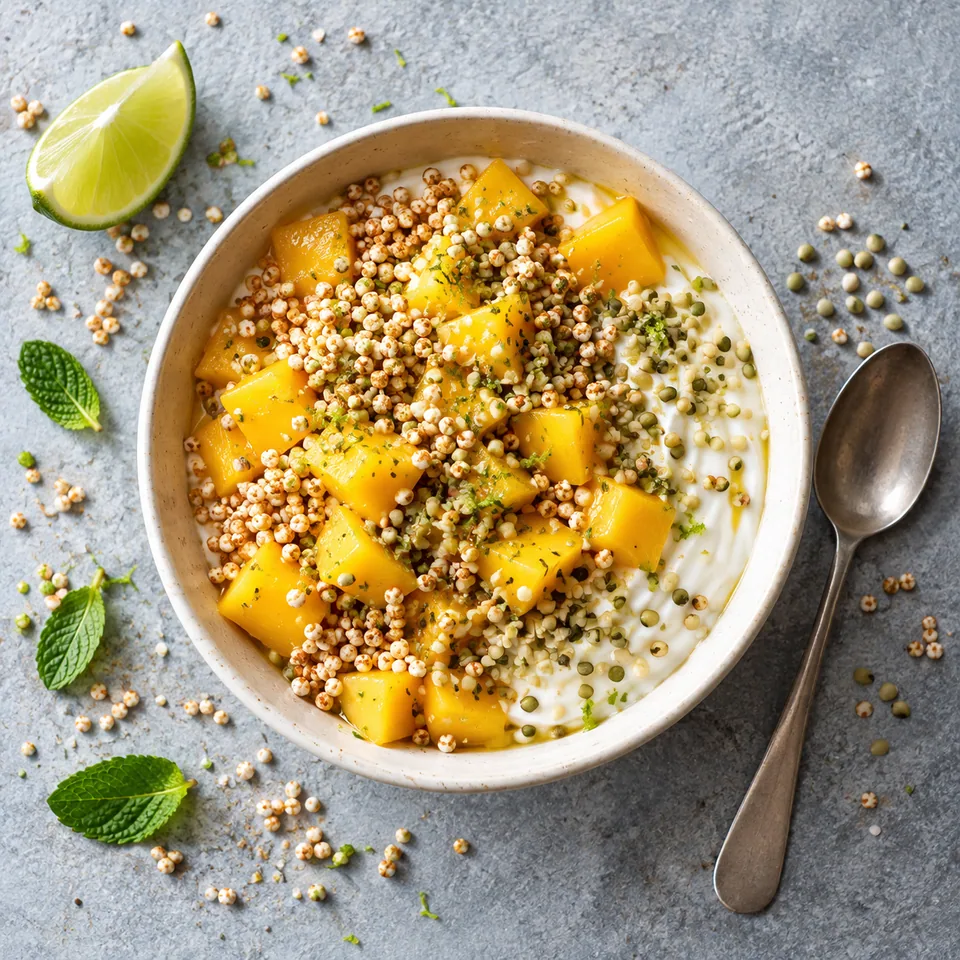 Bol d’amarante soufflée, mangue et citron vert : yaourt blanc, dés de mangue jaune, amarante dorée et graines vertes dans un bol blanc cassé.