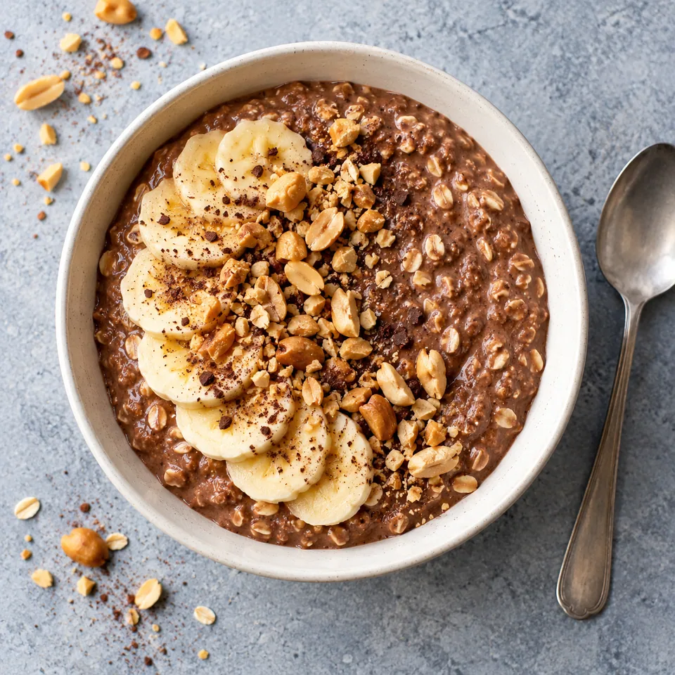 Bol d’avoine au skyr, cacao et cacahuètes : crème chocolatée aux flocons d’avoine, garnie de rondelles de banane et de cacahuètes grillées concassées.