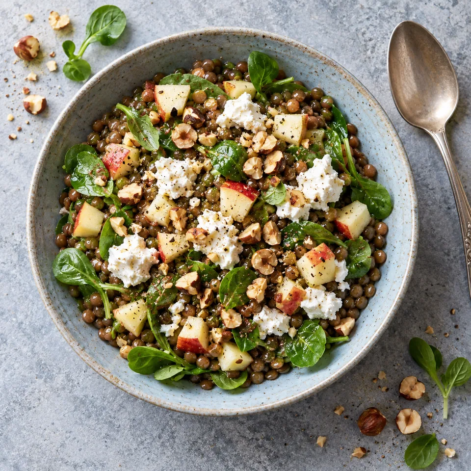 Bol de lentilles, chèvre frais, pomme et noisettes : lentilles vertes brillantes, dés de pomme, mâche, chèvre émietté et noisettes croustillantes sur assiette bleu-gris.