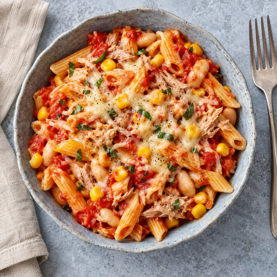 Bol de pâtes au thon, tomate et fromage avec haricots blancs et maïs, nappé d'emmental fondu.