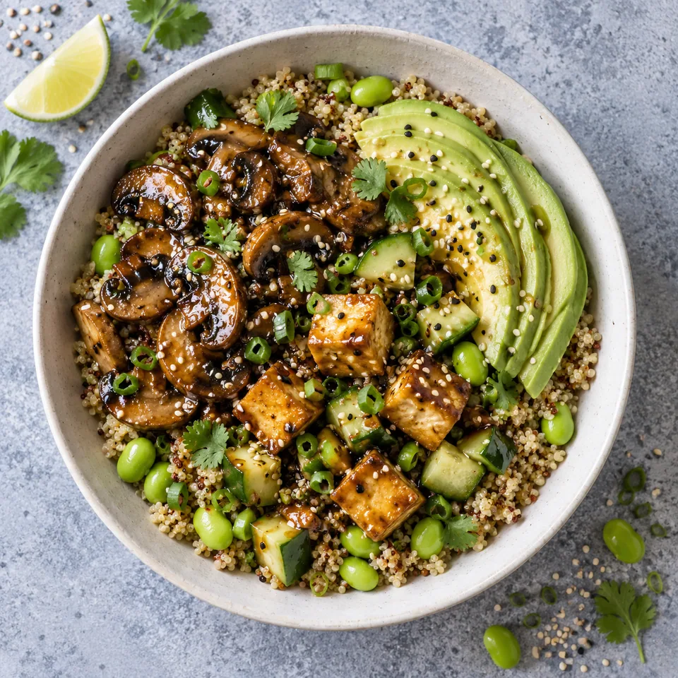 Bol de quinoa, champignons teriyaki et edamame : quinoa, edamame, tofu, concombre, avocat et sauce teriyaki dans un bol blanc.