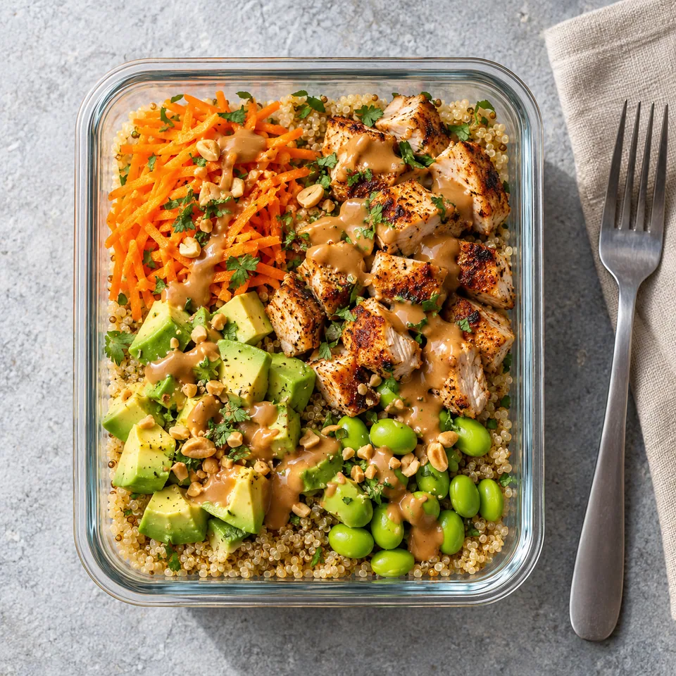 Bol de quinoa, poulet et sauce cacahuète : quinoa, edamame, avocat, carotte et poulet en dés nappés de sauce.