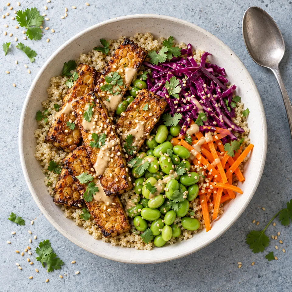 Bol de quinoa, tempeh et edamame : quinoa, tempeh doré, edamame verts, chou rouge et carotte, nappés de sauce et graines de sésame.