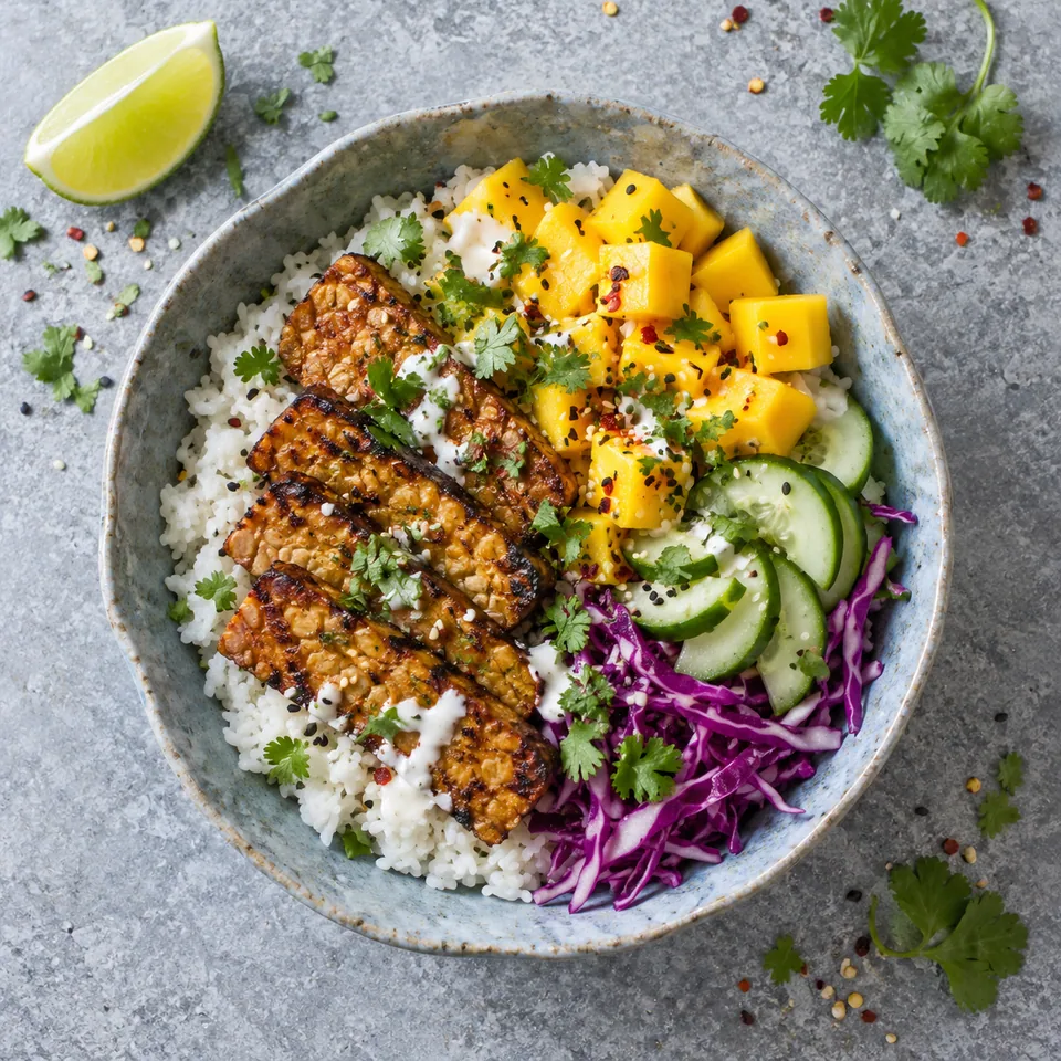 Bol de riz au tempeh grillé, mangue et concombre : riz blanc nappé, tempeh doré, mangue jaune et chou rouge.