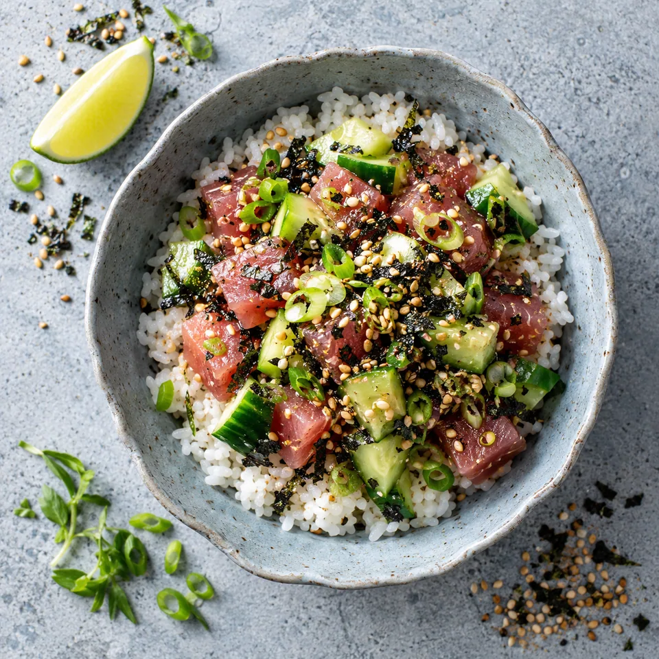 Bol de riz au thon, concombre et furikake maison dans un bol en grès bleu-gris pâle aux bords irréguliers