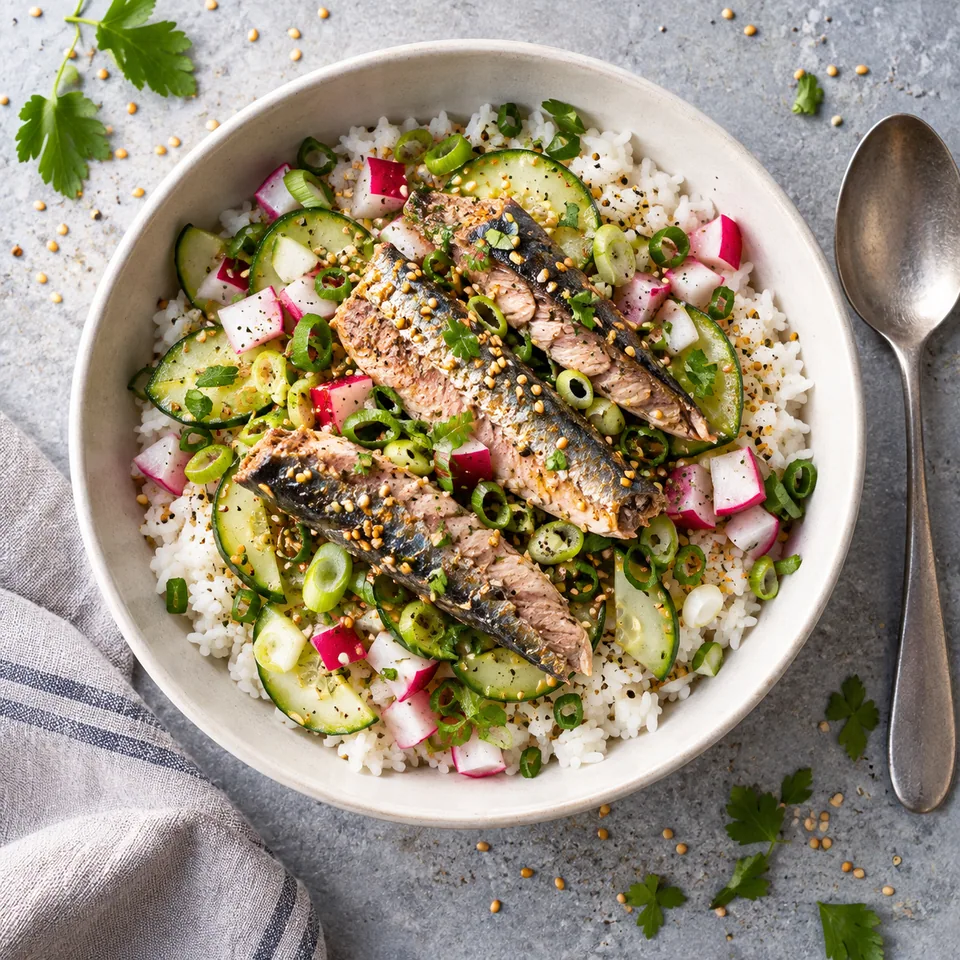 Bol de riz aux sardines et légumes croquants, garni de sésame, vu de dessus.