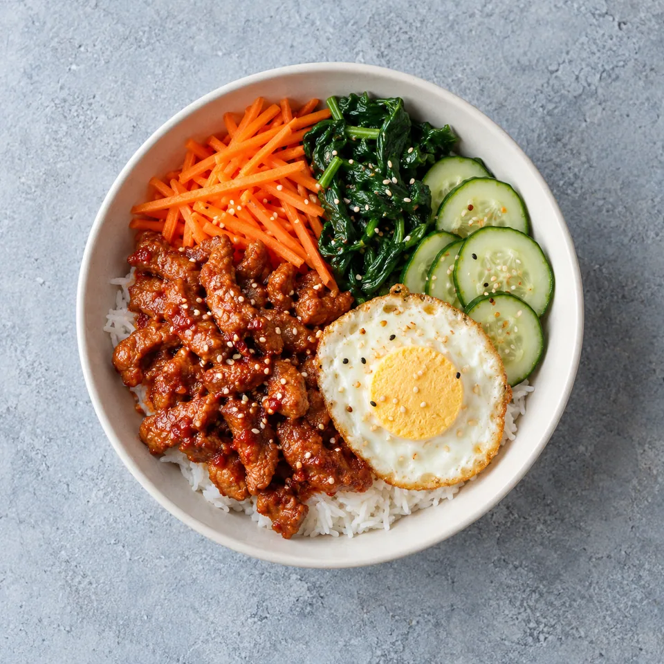 Bol de riz coréen au porc épicé : riz blanc, porc rouge, carottes, épinards, concombre, œuf au plat et sésame.