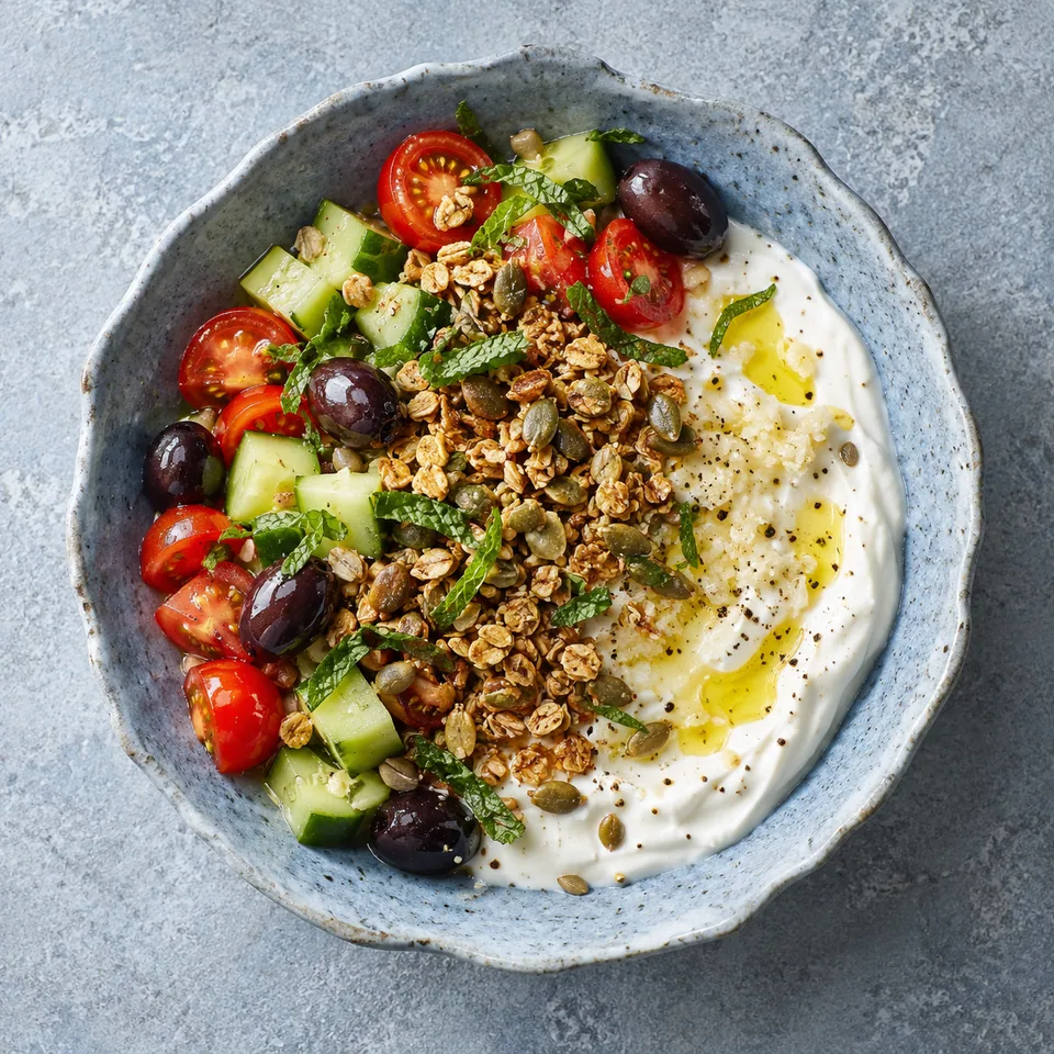Bol en grès bleu-gris contenant yaourt blanc, tomates cerises rouges, dés de concombre vert, olives noires et granola doré croustillant.